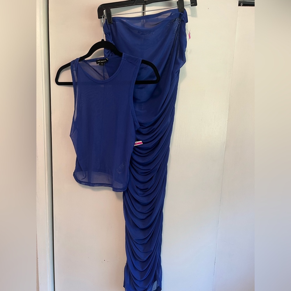 Good American Blue Sheer Cover Up Top and Ruched Skirt Set